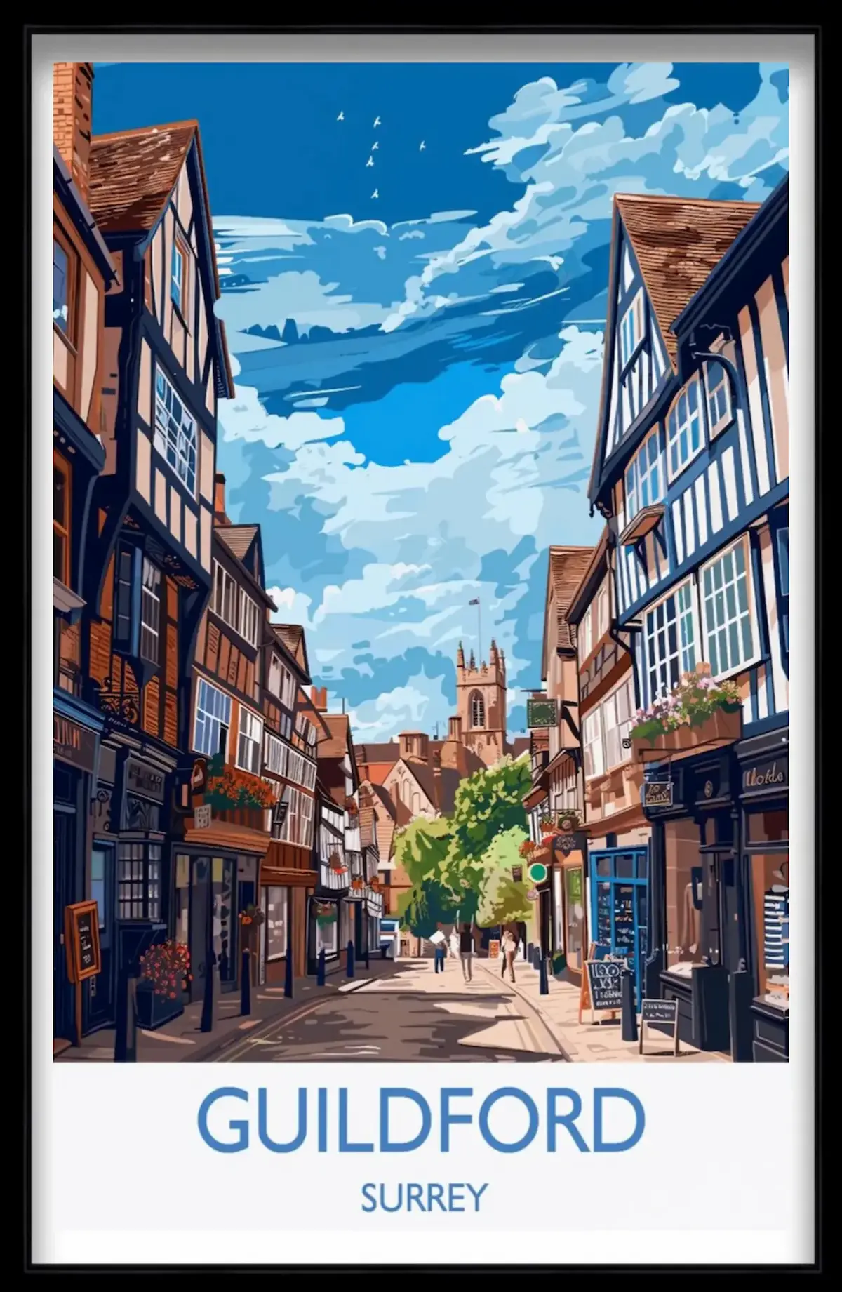 Artistic drawing of Guildford in Kent within a picture frame.